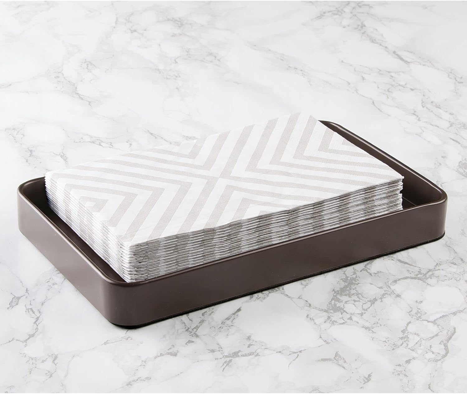 mDesign Modern Decorative Metal Guest Hand Towel Tray Holder Organizer for Disposable Paper Napkins, Jewelry, Makeup - Bathroom Vanity Sink Counter Organization - Unity Collection - Matte Brown image 2