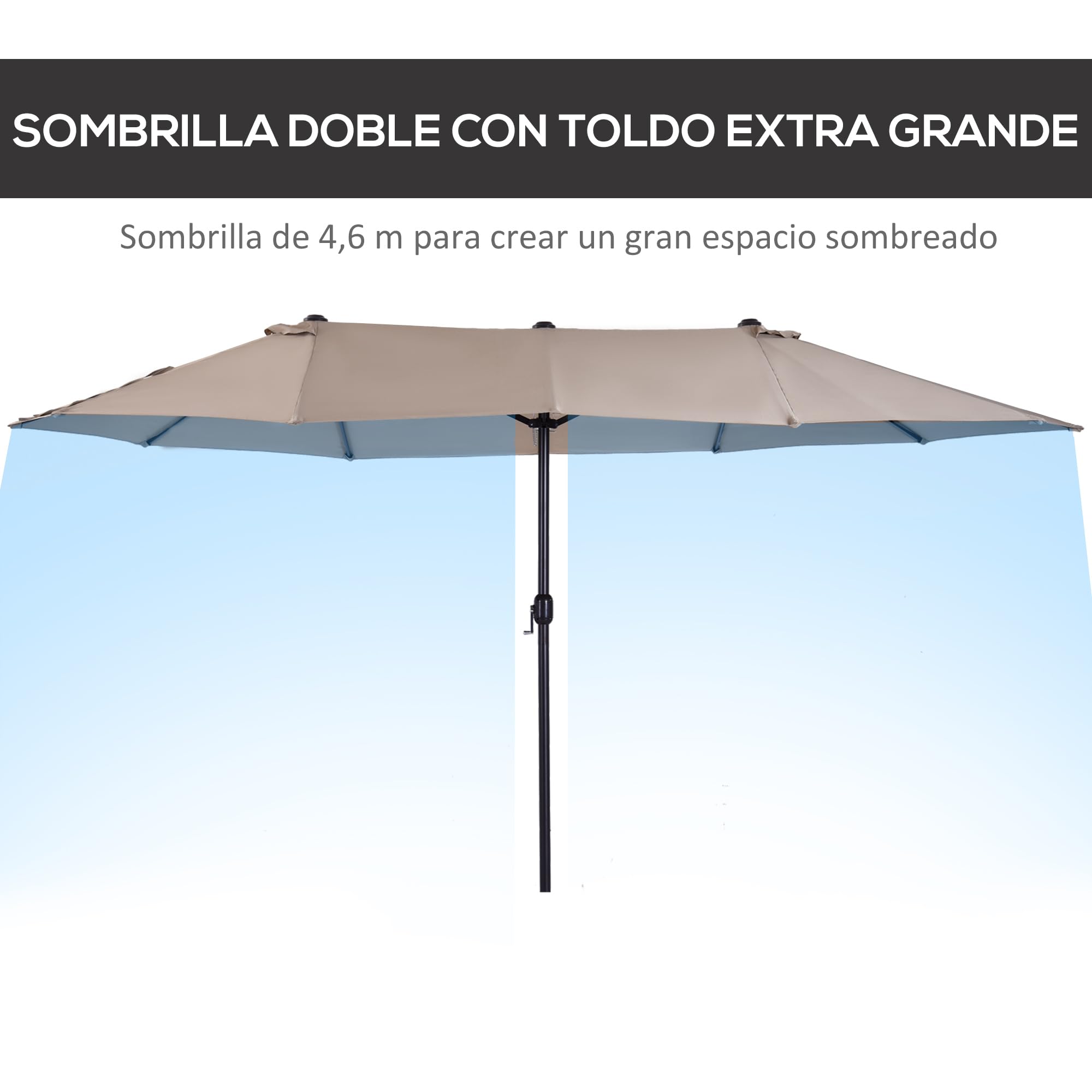 Outsunny Sombrilla Doble 4,55x2,65 m Terraza Exterior con Manivela Manual Resistente al Agua y Protección Solar Sombrilla Grande para Terraza Playa Piscina Café