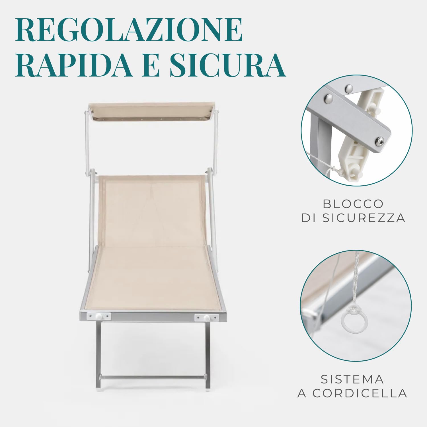PALUPLUS 2 Lettini Prendisole Professionali in Alluminio, Misura 186x61x40 cm, Tessuto Textilene, con Tetto Parasole e Schienale Regolabile, per Spiaggia, Lido, Piscina, Portata 150Kg -8458F (Crema)