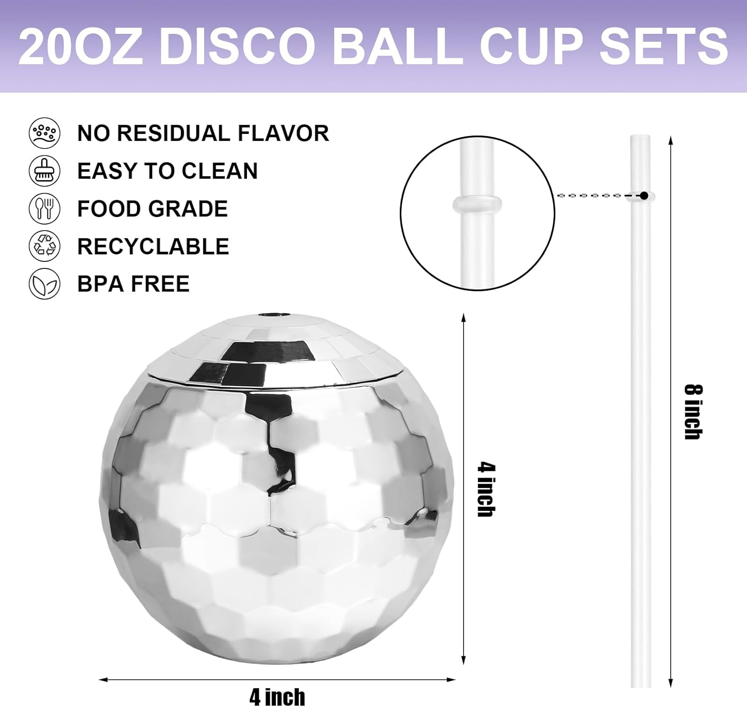 12 Pcs Disco Ball Cups,20 Oz Tumbler Disco Flash Ball Cups,Reusable Spherical Cocktail Cups with Lid and Straw,Silver Disco Wine Cups for Nightclub Disco Bar Party Decor(12 Pcs)