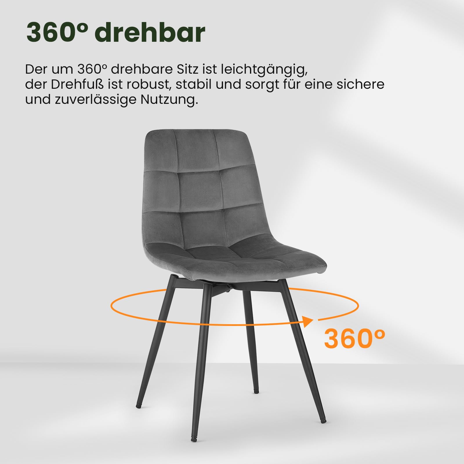 EUGAD Esszimmerstühle drehbar 4er Set, für Esszimmer Küche Wohnzimmer, Küchenstühle gepolstert mit Rückenlehne Samtbezug, mit Metallbeinen, 150 kg belastbar, Dunkelgrau