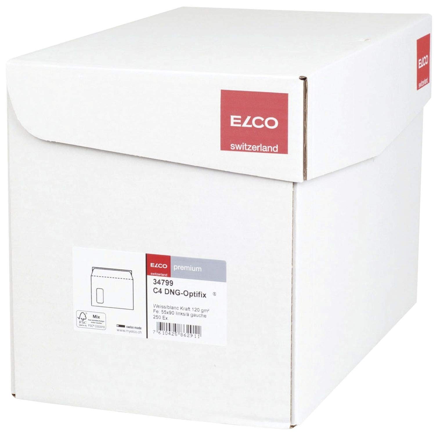 Elco Briefumschlag Office Box mit Deckel - C4, weiß, haftklebend, mit Fenster, 120 g/qm, 250 Stück; Packungsinhalt: 250 Stück