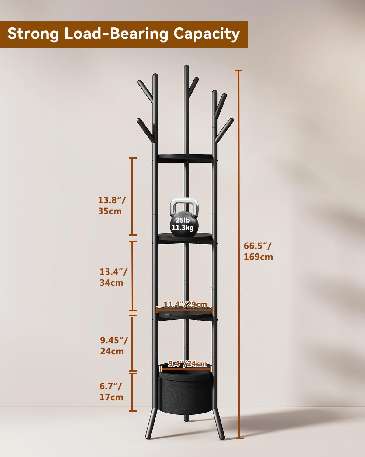 YMYNY Appendiabiti, Appendiabiti con Ripiani Portaoggetti, Attaccapanni da Terra con 1 cestino in Tessuto, Stile Industriale, Portabiti per Vestiti, Cappelli, Sciarpe e Borse Nero HGR005B