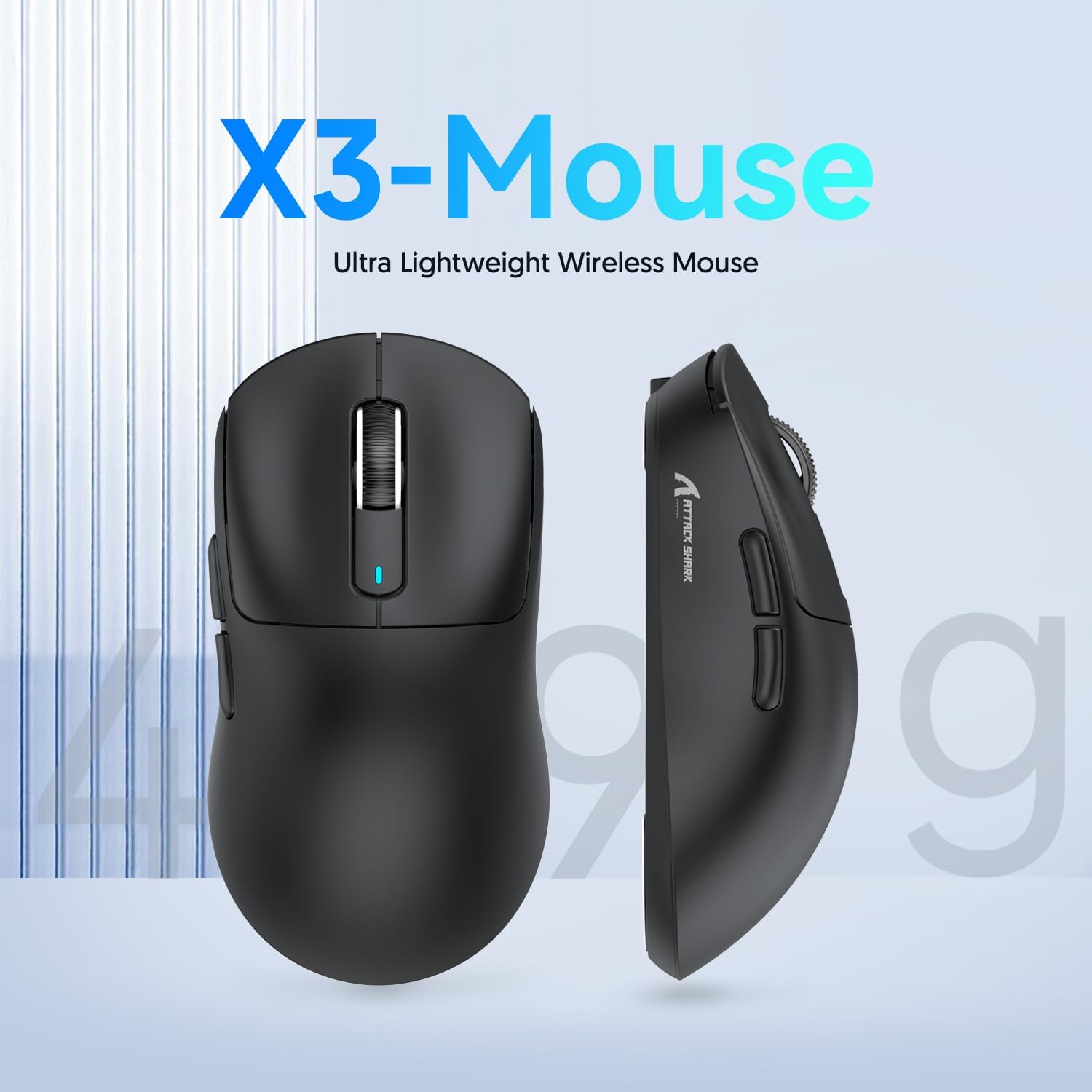 Front and side view of the ATTACK SHARK X3 mouse, highlighting its ultra-lightweight design.