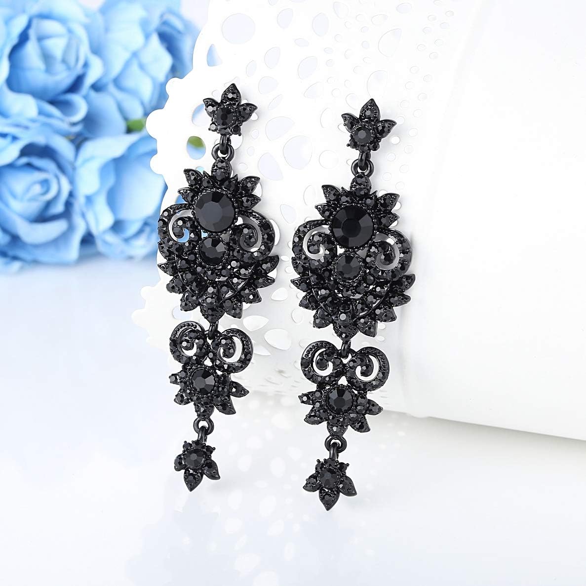mecresh Vintage Floral Teardrop Butterfly Wing Black Austrian Crystal Drop Dangle Earrings for Women Bride Gift - Image 3