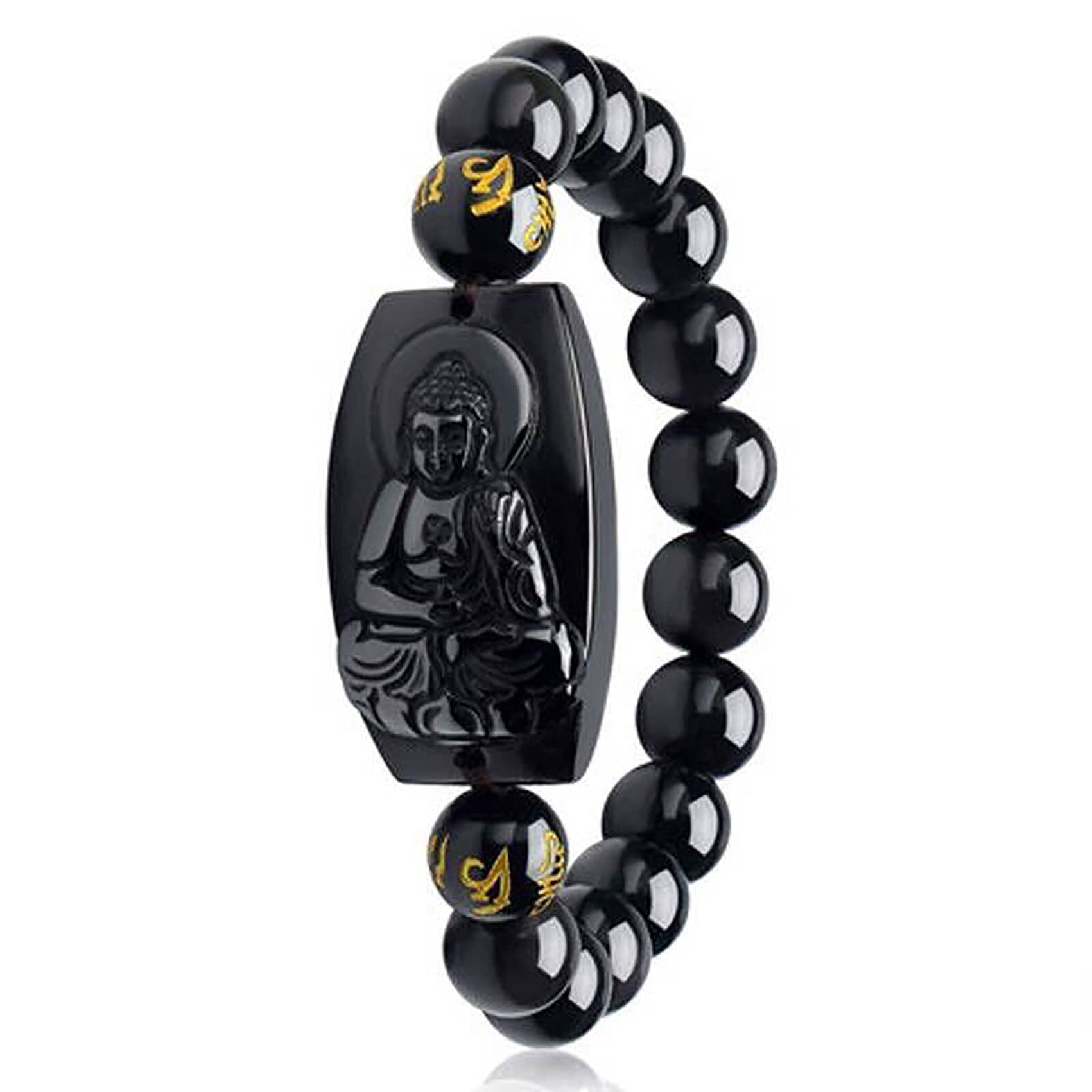 WZGWDC Bracciale Feng Shui, Bracciale Bracciale con ciondoli Naturale Portafortuna Otto Santi Patroni Ciondolo per Mantra a Sei Caratteri Ossidiana Tathagata Buddha Amuleto Attrarre Denaro PRO