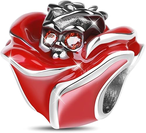 Miniatura 8 de GNOCE Abalorio de calavera y rosa de plata de ley 925 con diseño de calavera de rosa roja para pulseracollar, regalo de joyería de Halloween, Metal