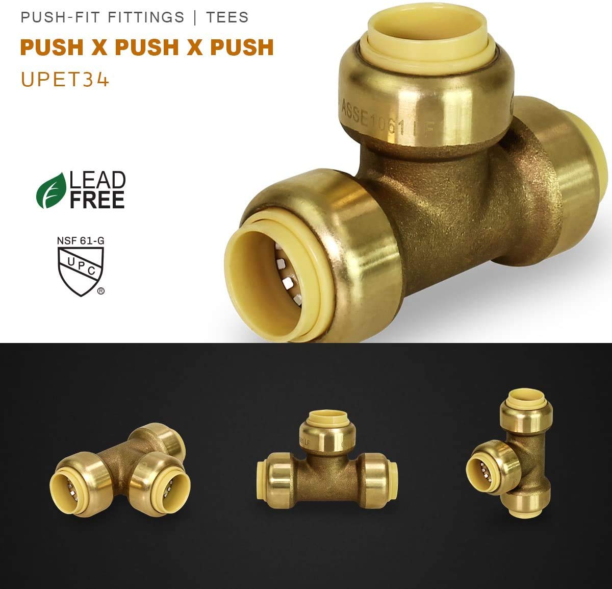 Zawór środkowy QVLU34 Push to Connects Pex Copper, CPVC, mosiężny zestaw hydrauliczny do rur 3/4 cala zawiera trójniki, kolanka, łączniki i łączniki nasadkowe (po 2 szt.) z dodatkowym narzędziem do
