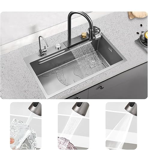 Pia de Aço Inoxidável Polido 75x45cm Pia de Cozinha Tipo Cascata em Inox com Estação de Trabalho Tor