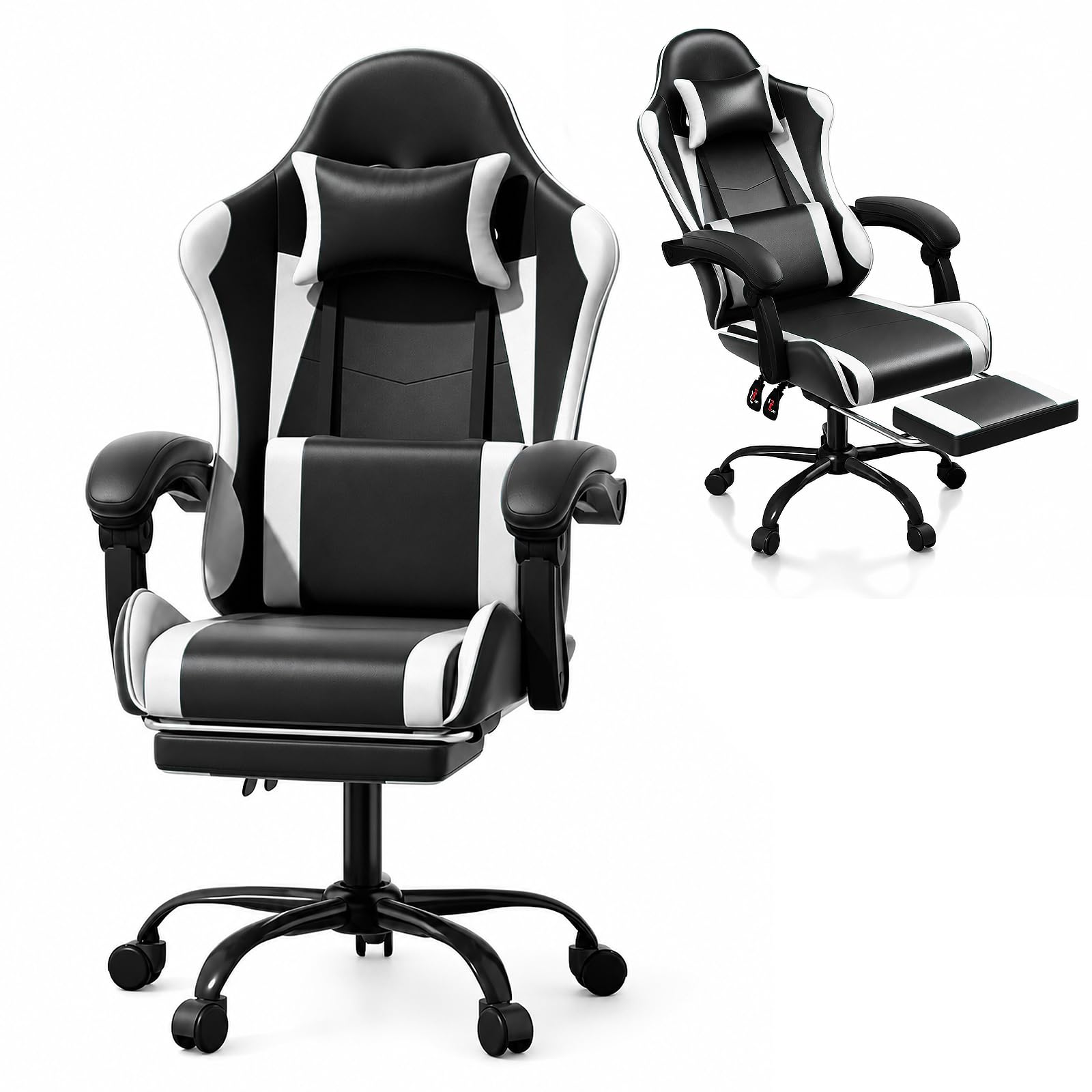 Athena Collection Ergonomic Gaming Chair with Footrest, White