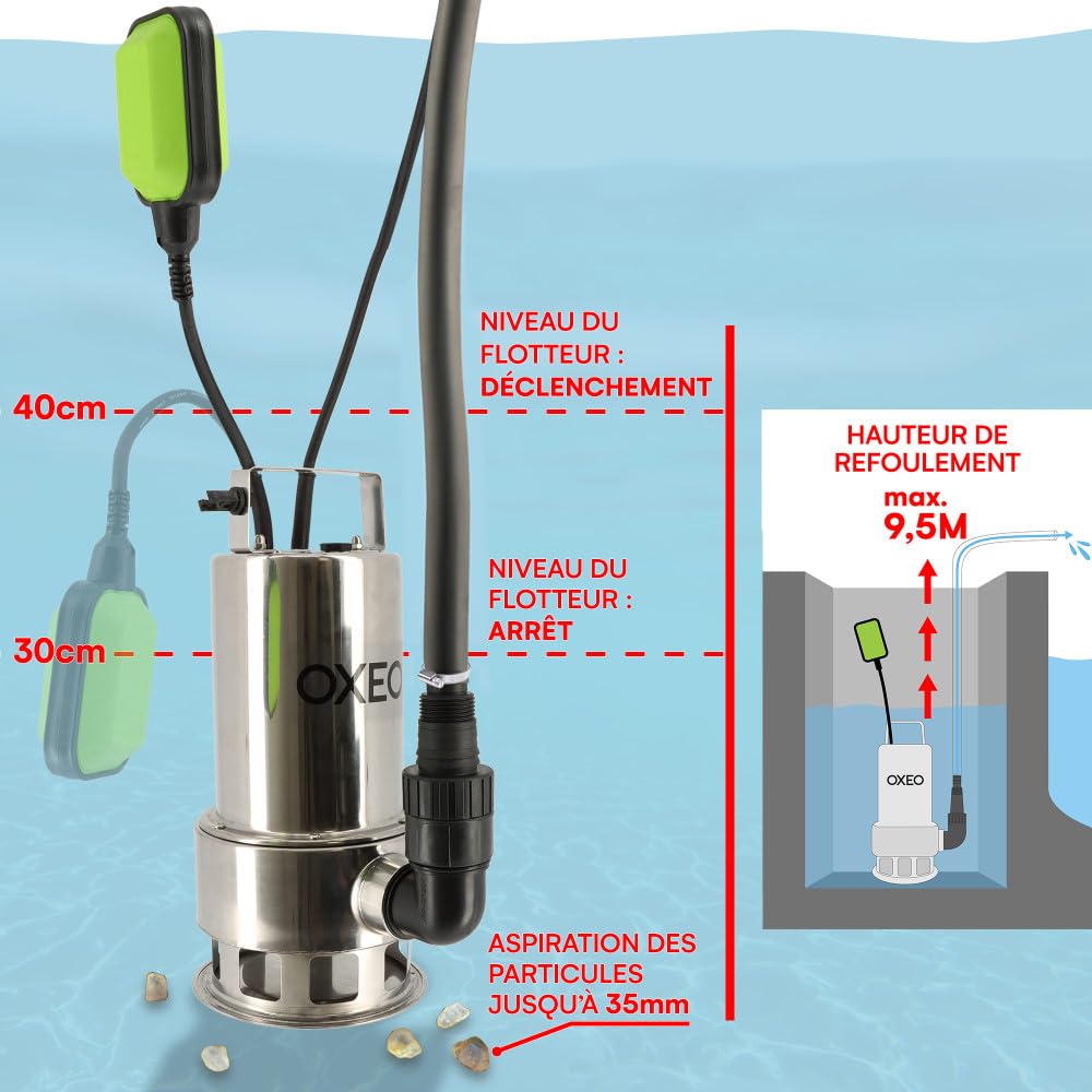 Pompe vide cave 1100W - Corps Inox - Eaux chargées - Inondation - Hauteur refoulement 9,5m - Câble alimentation 10m