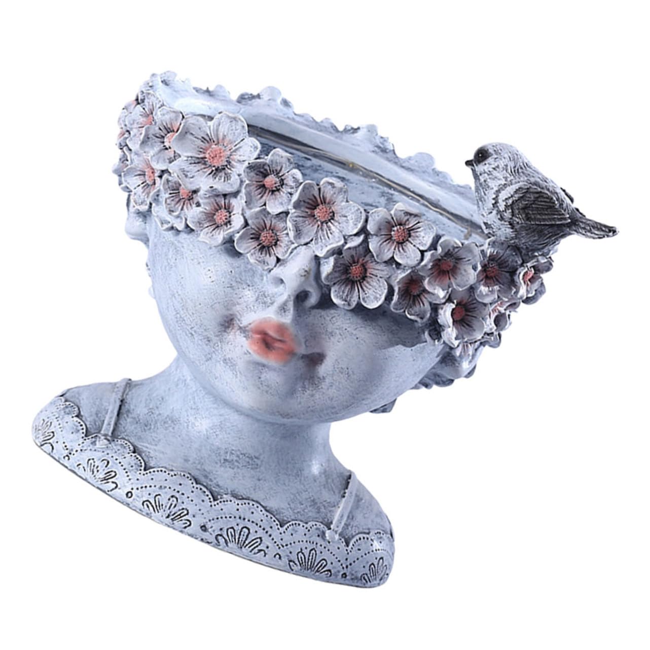 Toyvian Pot de Fleurs Solaire Créatif en Résine Grise Style Tête de Jeune Fille, Décoration Jardin et Balcon, Pot Moyen Lumineux pour Plantes Succulentes, Ornement Extérieur Chic et Moderne