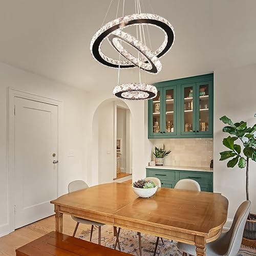 Miniatura 8 de diisunbihuo Lámparas LED de cristal regulables de color negro moderno con 3 anillos de luz colgante de altura ajustable para comedor, dormitorio,