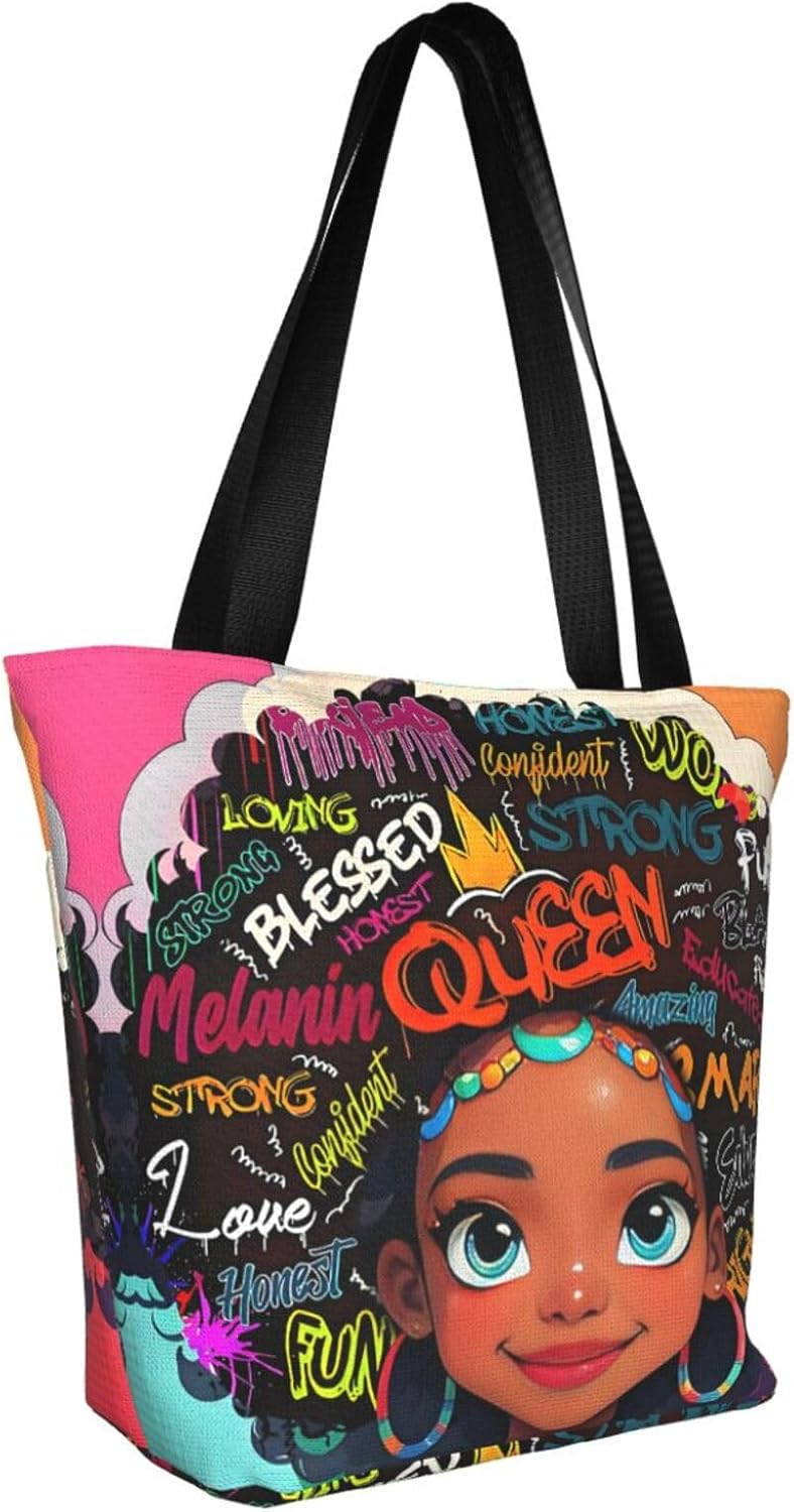 Inspirational African American Art Tote Bag, Black with Colorful Graffiti Design Handbags For Gym Shopping Travel - Image 3