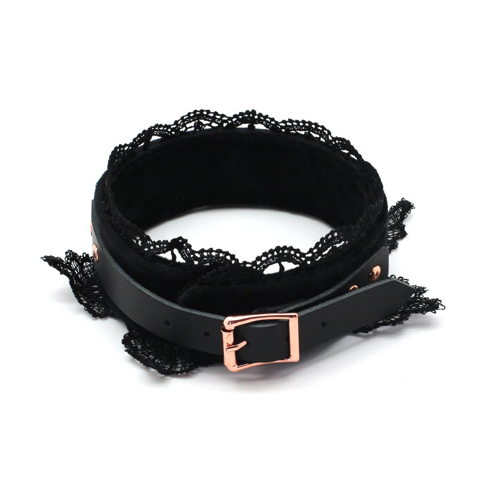 SMspade Collar de Cuero con Correa Kit Gargantilla de Encaje de Cuero con Plomo Conjunto para Mujer, Encaje Negro