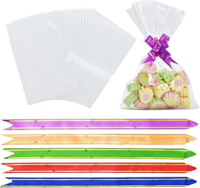 50 Pcs Cellophane Bags Clear Cookie Sweet Bags with 50pcs Twist Ties for Christmas Party Candies Treat Gift Packaging
