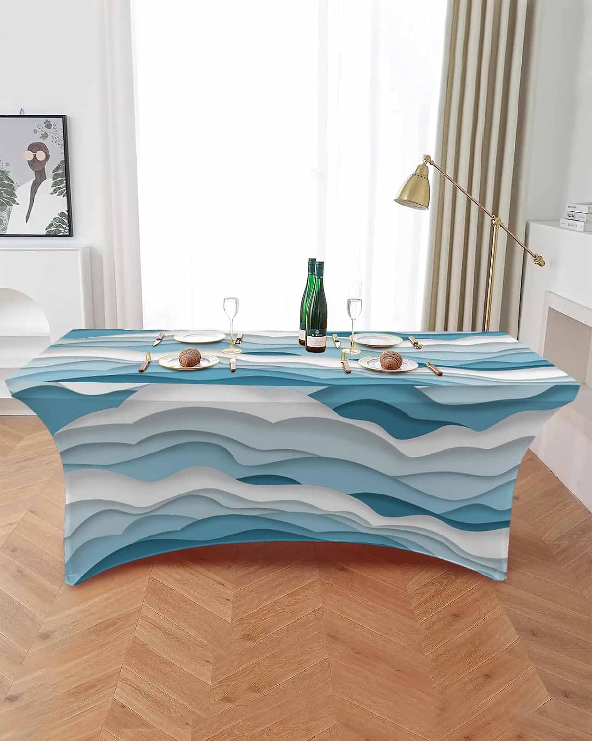 6 Ft Gradient Spandex Tablecloth for Rectangle Table Stretch Fitted Table Cover 6 Ft Banquet Table Cloth Protector for Events Party Wedding,Ocean Wave Texture Gradient Light Blue
