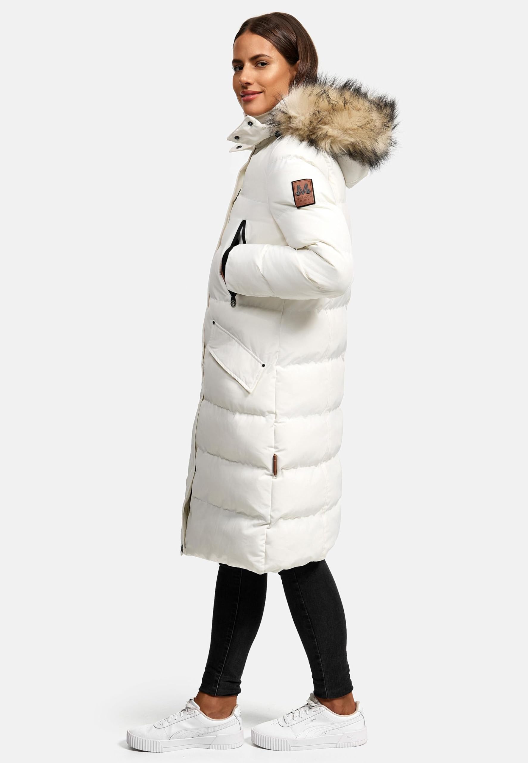 MARIKOO Damen Wintermantel warmer Steppmantel lang mit abnehmbarem Kunstfell und Kapuze Schneesternchen XS-XXL