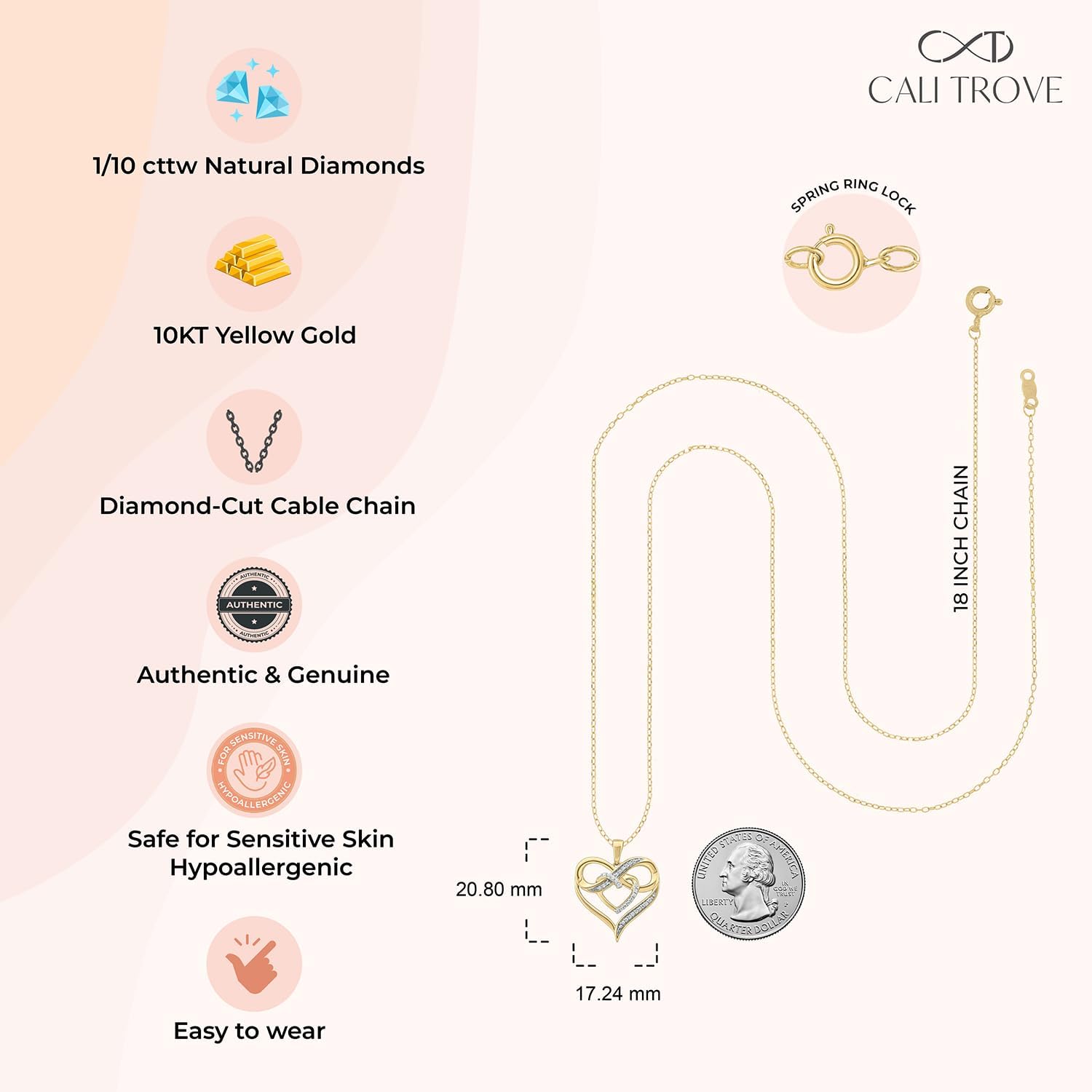 Cali Trove 1/10ct Natural Diamond Double Heart Infinity Pendant Necklace for Women | 10KT Gold Heart Infinity Pendants for Her |Mother's day Jewelry Gifts in Pink, White or Yellow Gold