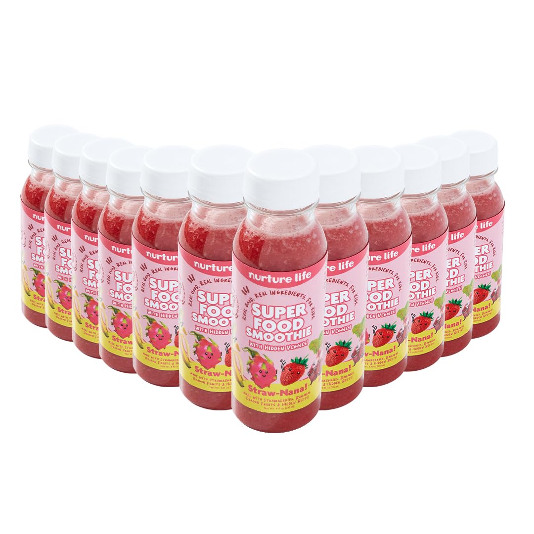 Nurture Life Superfood Smoothies, Healthy Snacks for Kids & Toddlers To-Go with Hidden Fruits & Veggies, Fruit Smoothies for Kids, Organic Drink Toddler Snacks, No Added Sugar, 12 Pack, Straw-Nana
