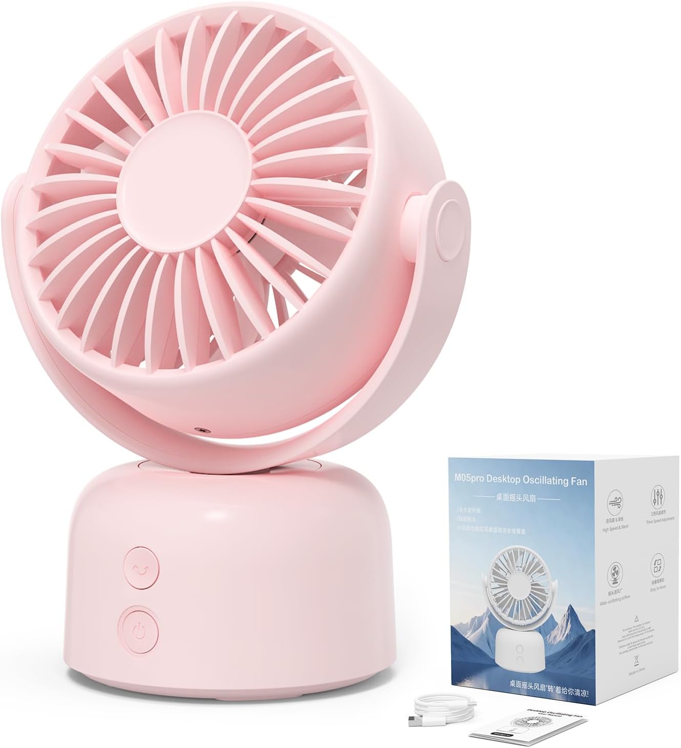 Small Oscillating Desk Fan USB Rechargeable 3 Speed Portable Mini Cooling Fan Quiet Personal Fan for Home Office Bedroom