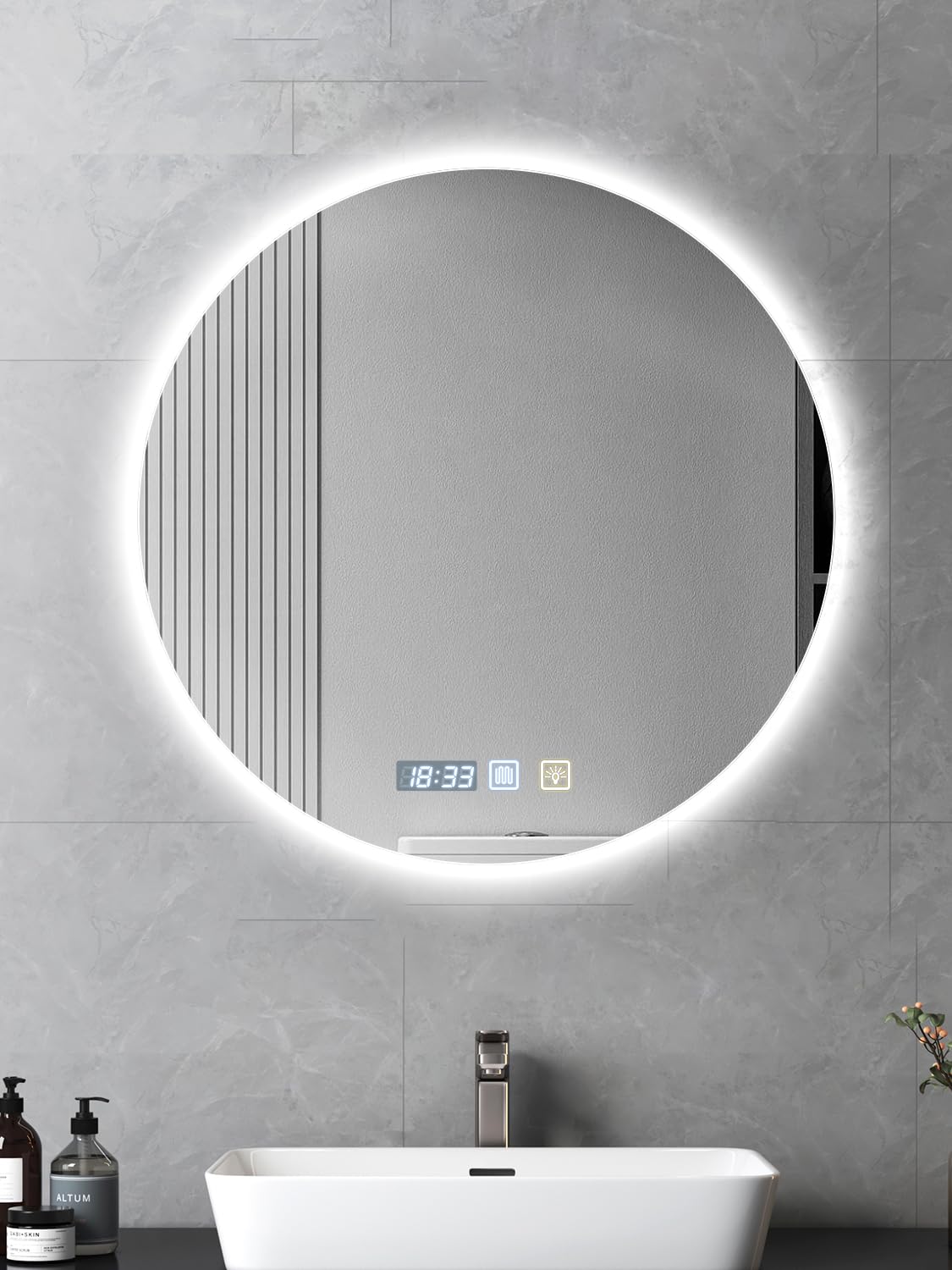 Espejo de baño redondo LED de 60 x 60 cm con luz, espejo de tocador iluminado montado en la pared, antivaho, luz regulable de 3 colores, espejo antivaho con luces retroiluminadas para baño