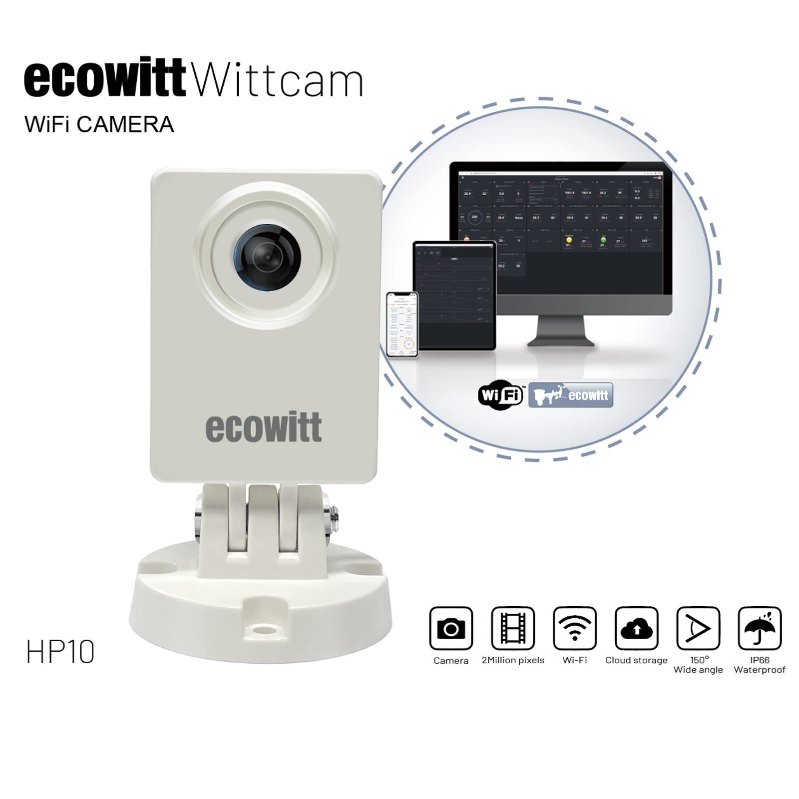 ECOWITT WittCam Kamera zewnętrzna HP10, wewnętrzna i zewnętrzna kamera podłączona do sieci Wi-Fi IP66, wodoodporność FOV150°, szeroki kąt / 2 miliony pikseli, serwer pomocniczy, fotografia poklatkowa