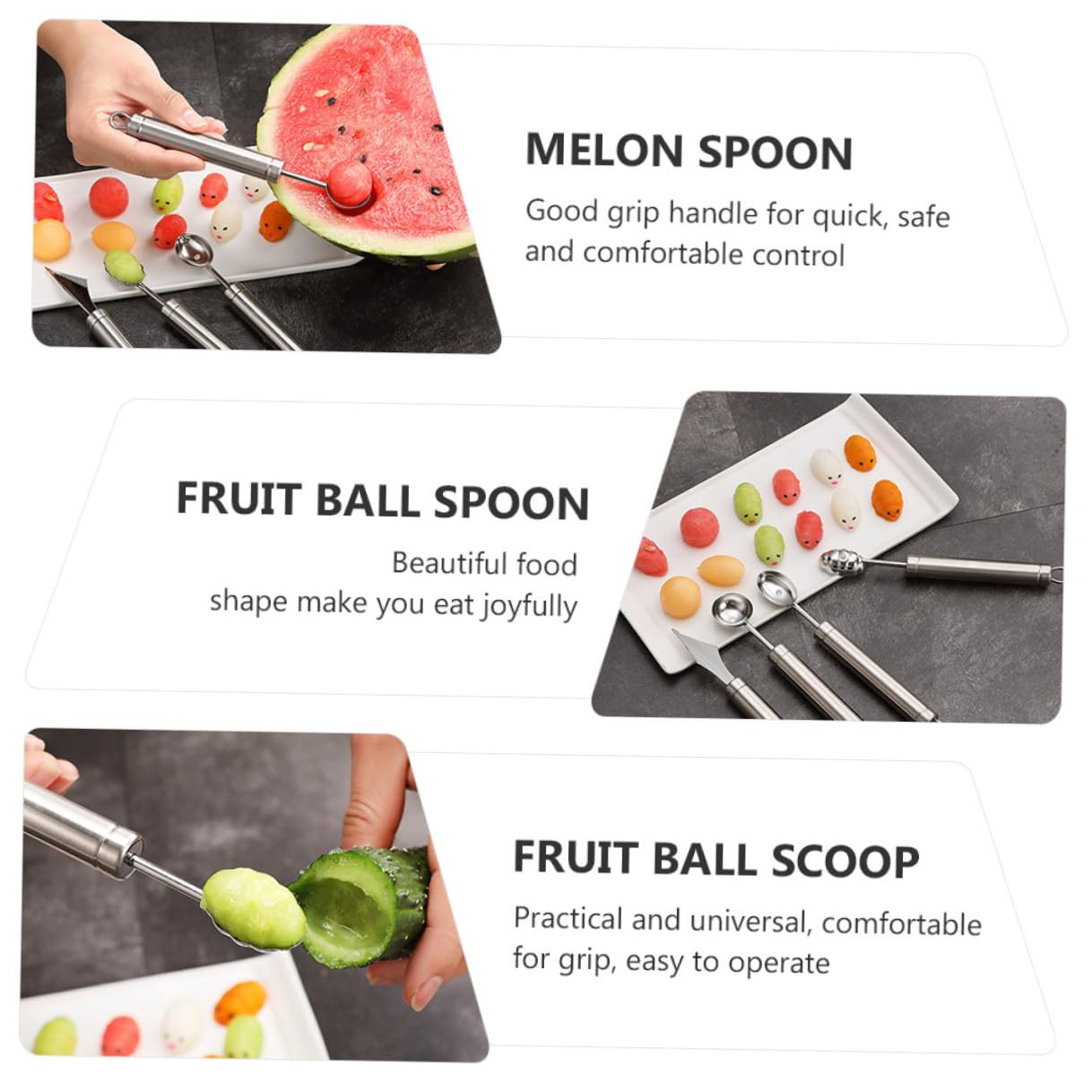 4 Stück Melonenausstecher aus Edelstahl für Früchte | Silberfarbene Ausführung, Leicht zu Bedienen, zum Formen von Melonenkugeln, für Obst und Gemüse