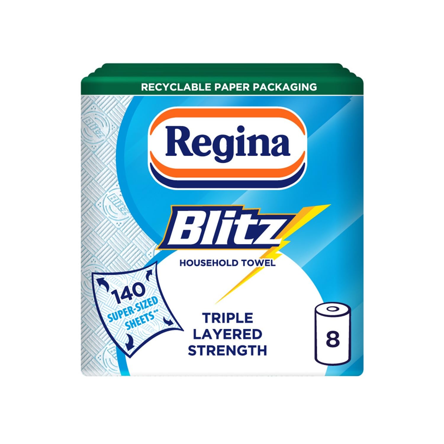 Regina Blitz Household Towels – 8 Triple Layered Rolls, 70 Sheets Per Roll, Paper Packaging, FSC Certified Paper, Recyclable Packaging, 60% Larger Than Standard Kitchen Roll Sheets - 1