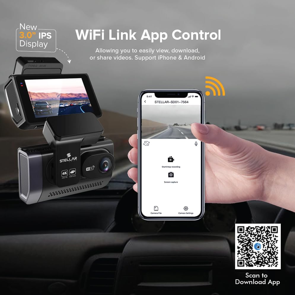 Image of STELLAR DRIVE SD-03 Pro 4k Dual Dash Cam | 4K Front + 2.5K Rear Camera | WiFi App Control | HD Resolution | 3.0 inch IPS Screen | Night Vision | 140 Wide Angle | Loop Recording | G-Sensor