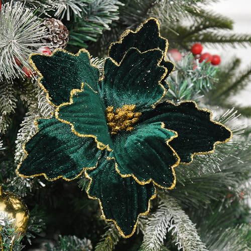 10 PCS Glitter Poinsettias, 8.7" Artificial Christmas Flowers, Dark Green