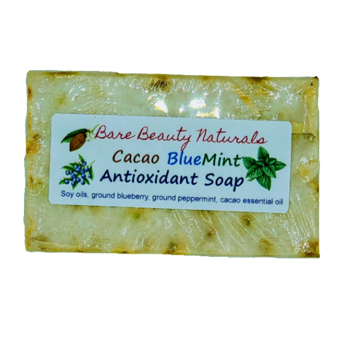 Bare Beauty Naturals 100% Natural Cacao BlueMint Antioxidant Soap // Hydrating, Plant-Based, Flavanols, Antiaging // Free Exfoliating soap bag (brick cut 9-10.9 oz, Lrg Lo-Exfol Muslin)