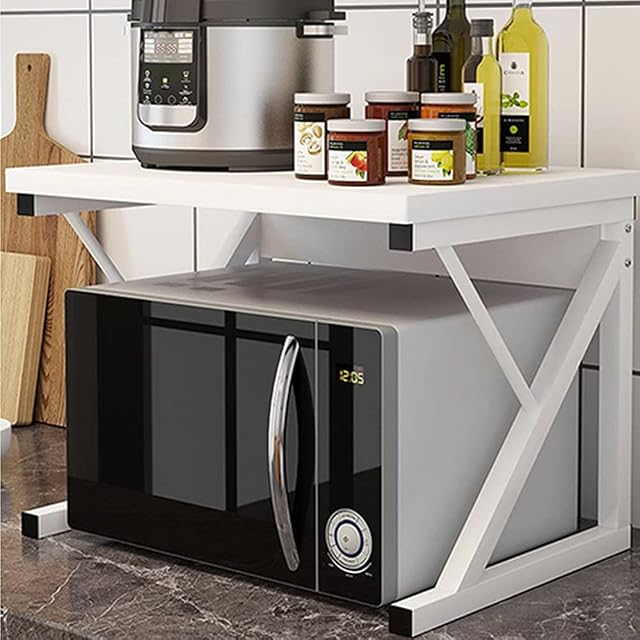 Rainbow Tree 2-Tier Microwave Oven Rack with Shelf for Kitchen, Heavy Duty Microwave Toaster Stand Kitchen Counter Top Organizer, Wooden Kitchen Bakers Rack with Metal Frame White