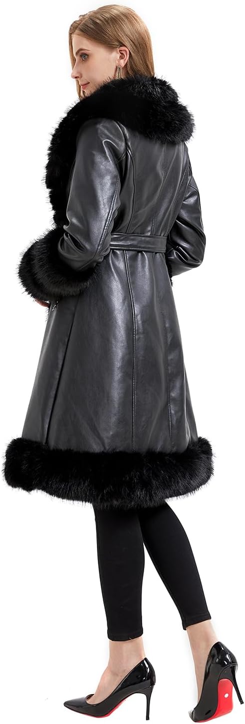 GRAN ORIENTE Women's Faux Leather Jacket with Faux Fur Collar, Winter Long Sleeve Furry Trim Peplum Parka Coat with Belt - Image 6
