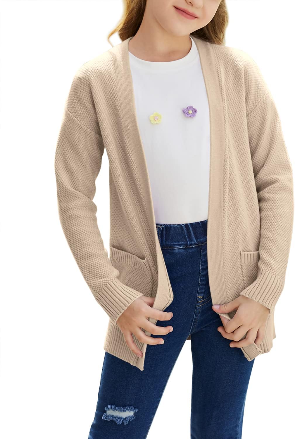 Goranbon Girls' Cardigan Sweaters Open Front Long Sleeve Casual Sweater Coats with Pockets - Image 2