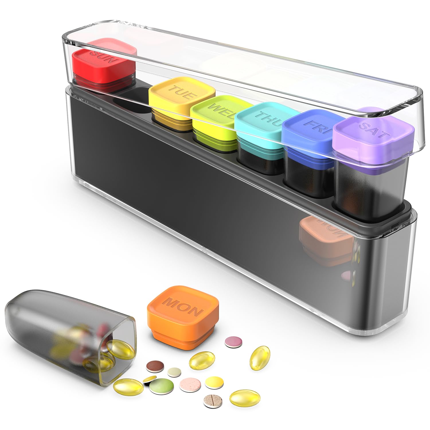 Weekly Pill Organizer 1 Time a Day, HIONXMGA Portable Detachable Travel Pill Box 7 Day, Large Once Daily Pill Holder Case, Color-Coded Dispenser for Vitamin Medicine Supplement Fish Oil, Clear