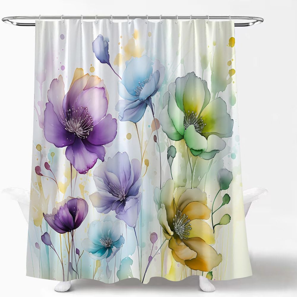 Watercolor Floral Shower Curtain Purple Colorful Flower Leaves Modern Modern Abstract Vibrant Wildflower Plant Minimalist Fabric Bathroom Curtain Set with Hook