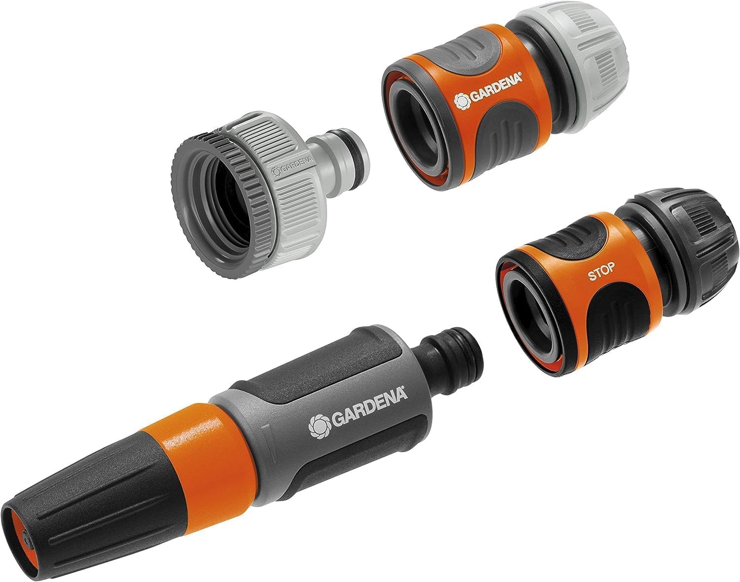 Gardena Comfort Highflex - Manguera (10 x 10, 13 mm, 1/2", 50 m, sin accesorios) + 18291-20 Kit, Negro, Gris, Naranja, Plata