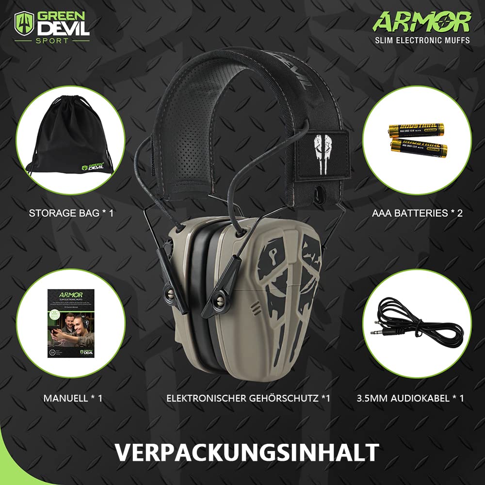GREEN DEVIL Elektronischer Schiessen Gehörschutz NRR 24dB Elektronische Dynamische Geräusch-Regelung Ideal für Schützen und Hunting (Flache dunkle Erde)