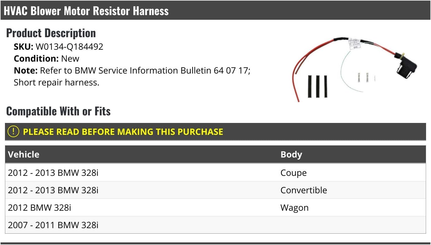 Marketplace Auto Parts HVAC Blower Motor Resistor Harness - Compatible with 2007-2013 BMW 328i