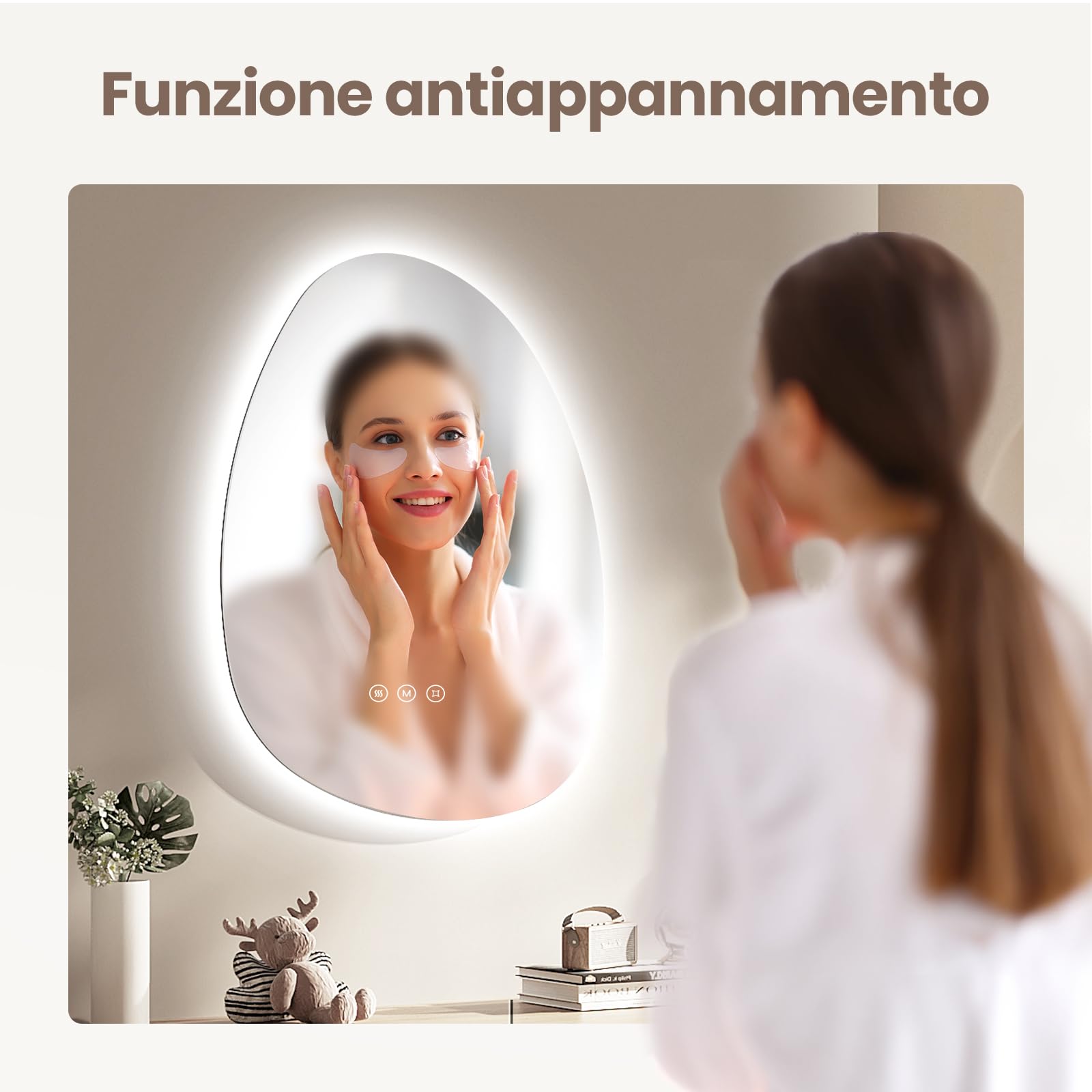 EMKE Specchio con illuminazione asimmetrica, specchio da bagno, anti-appannamento, interruttore touch, 3 colori di luce dimmerabili, specchio da bagno con illuminazione, 65 x 45 cm