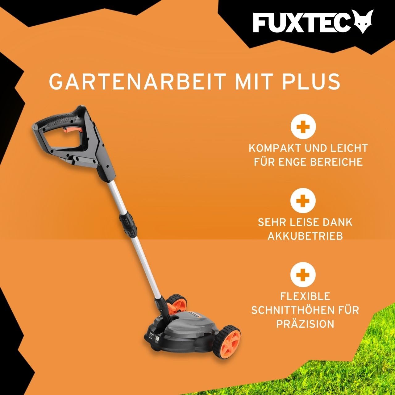 FUXTEC Akku Einhand-Rasenmäher FX-E1RMEH20, kompakter Gartenmäher mit 220mm Schnittbreite, 300W Leistung, 3-fache Schnitthöheneinstellung 30–50mm, Flexible Kugelkopfsteuerung