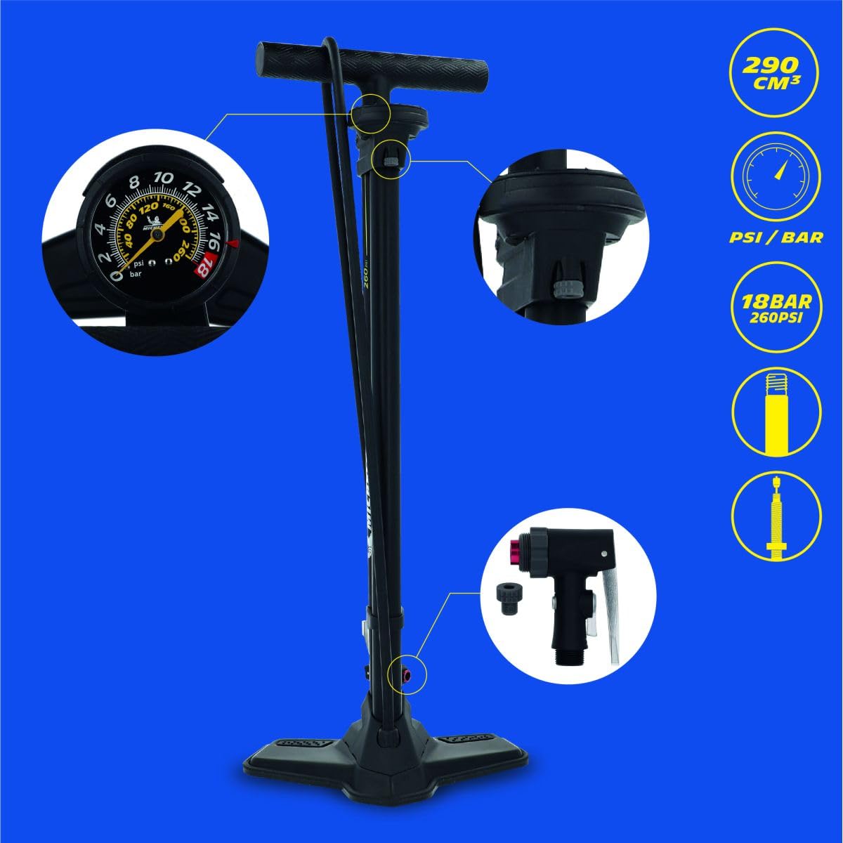 MICHELIN - Pompe à Pied avec compresseur AIR Tank TUBELESS - Double Fonction pour pneus tubeless et avec Chambre à air - Manomètre analogique - Corps en Acier - Compatible valves Presta/Schrader