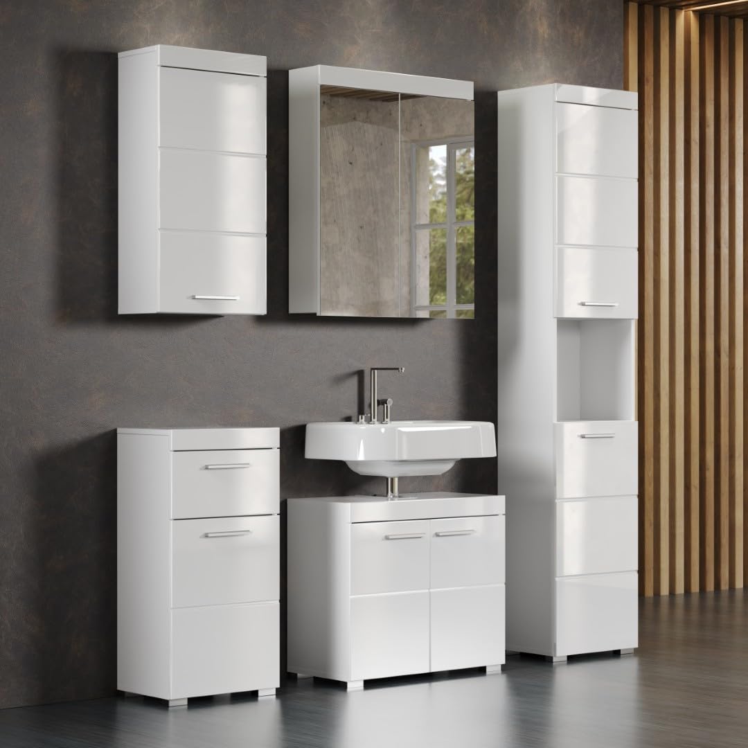 trendteam smart living - Amanda - Hochschrank - Weiß Hochglanz - Badezimmerschrank mit 2 verstellbaren Einlegeböden - (BxHxT) 37 x 190 x 31 cm - moderner Badschrank mit 4 Fächern und Einer Ablage