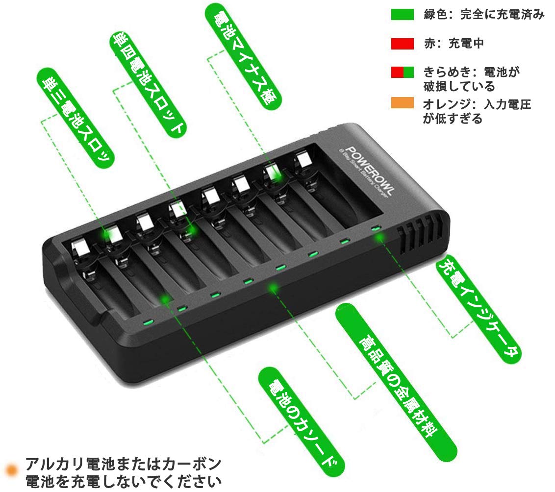 Amazon | POWEROWL 急速充電器 単3・単4形 8本同時充電可能
