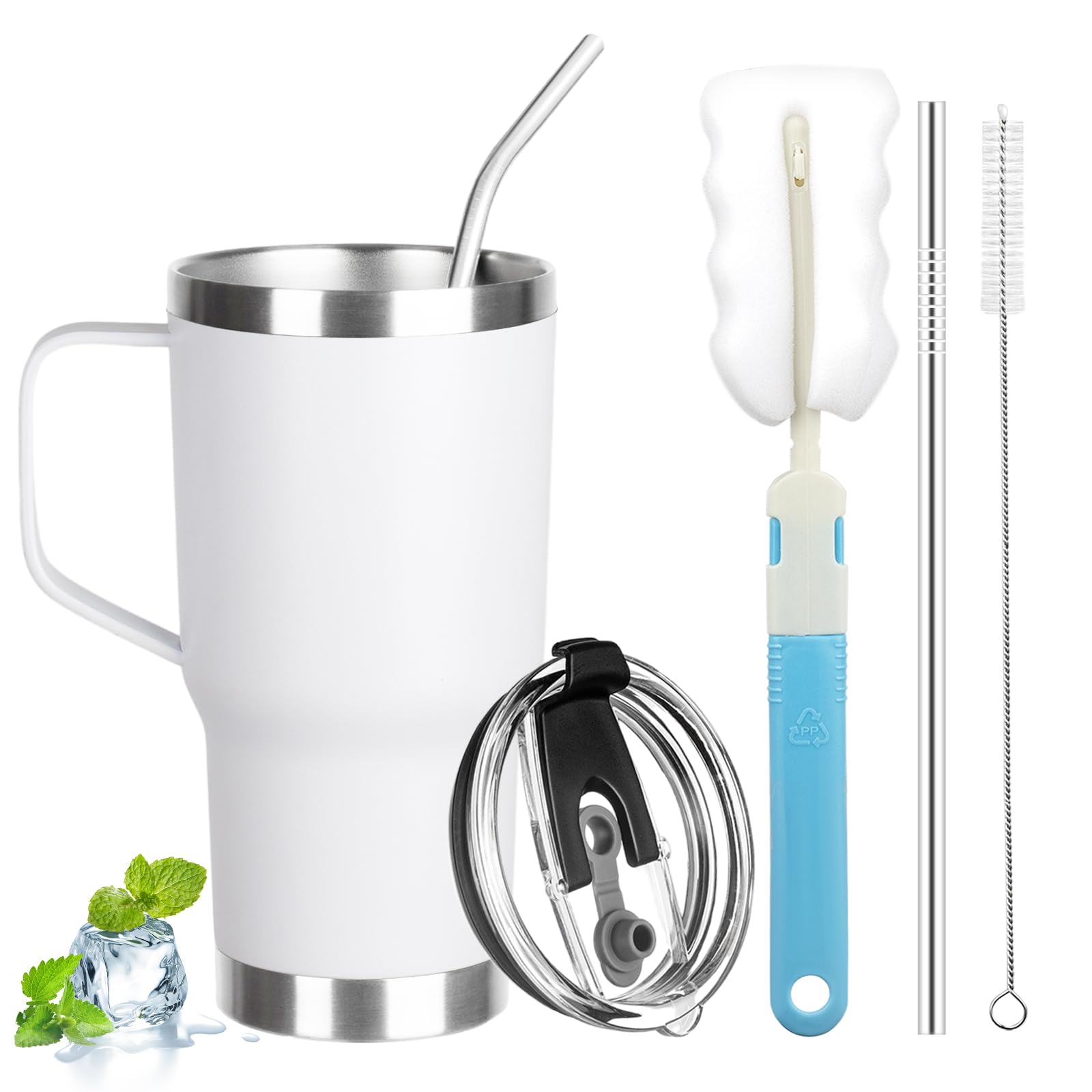 20 oz Tumbler with Handle, Stainless Steel Insulated Tumbler with Lid and Straw, Double Wall Vacuum Coffee Mug Tumbler, Insulated Coffee Thermal Cup for Cold and Hot (White)