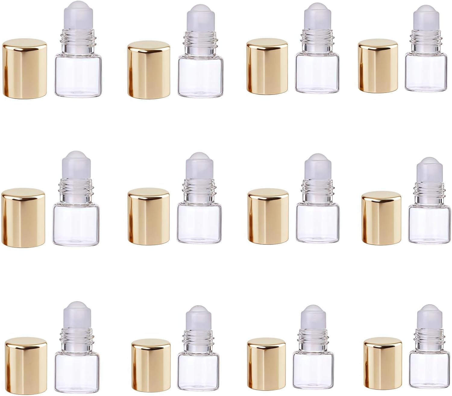 Opemg 12 Pcs Gold 1ml Mini Glass Roll on Bottles Roller Refillable Essential Oil Aromatherapy Sample Vials Roller Bottles Container