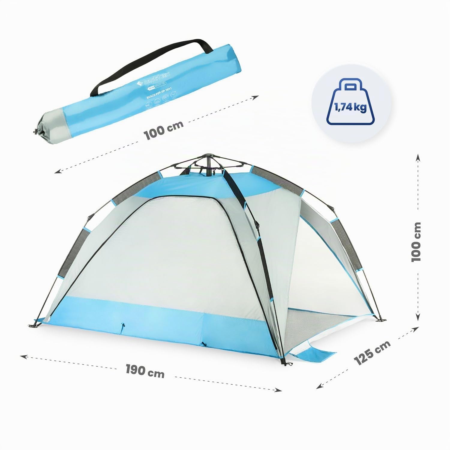 Aéré Tente de Plage, Tente de Plage avec Sac de Transport, avec Poches de Sable, pour Famille Plage, Camping, Jardin, Protection Solaire (Bleu-Gris)