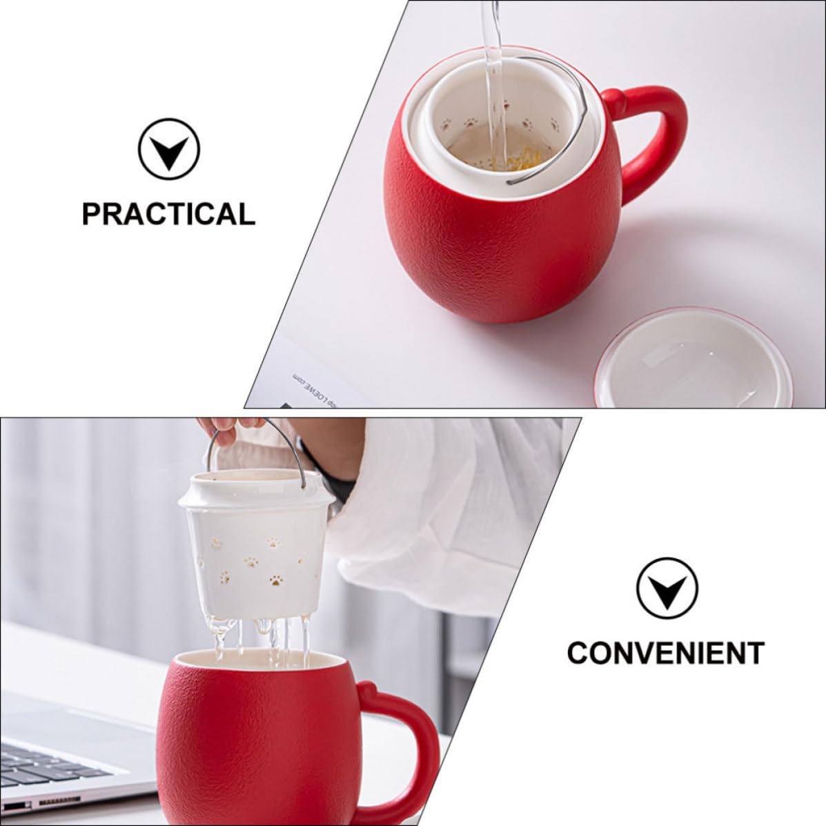 SOLUSTRE Keramik Kaffeebecher 400ml mit Deckel und Filter Katzenmotiv Tasse für Büro und Zuhause Rot Satz