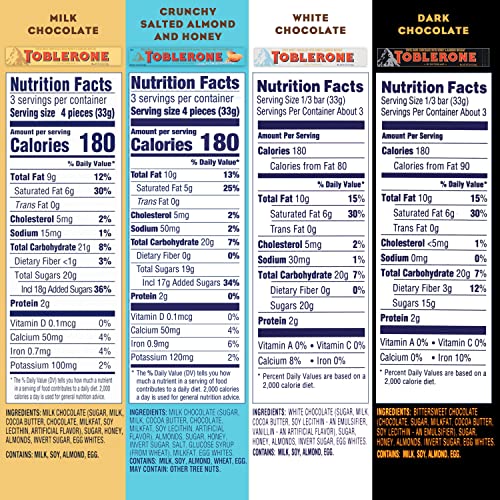 Toblerone Swiss Chocolate Variety Pack, Milk Chocolate, Dark Chocolate, White Chocolate & Crunchy Salted Caramelized Almond, 12 - 3.52 Oz Bars #TOP6